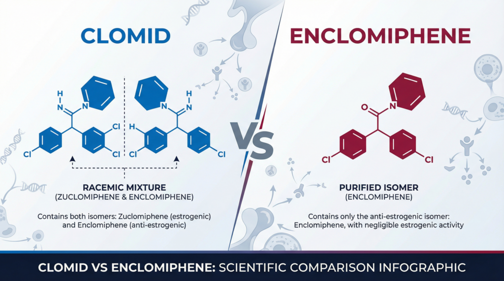 Clomid vs Enclomiphene comparison, racemic mixture versus purified trans-isomer SERM