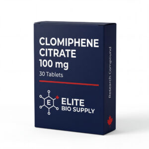 Clomid Clomiphene Citrate 100mg 30 tablets box by Elite Bio Supply, SERM research compound shipped in Canada