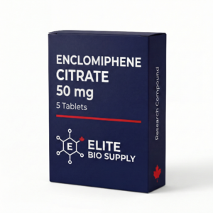 Elite Bio Supply Enclomiphene Citrate 50mg packaging box with molecular hexagon logo and Canadian maple leaf