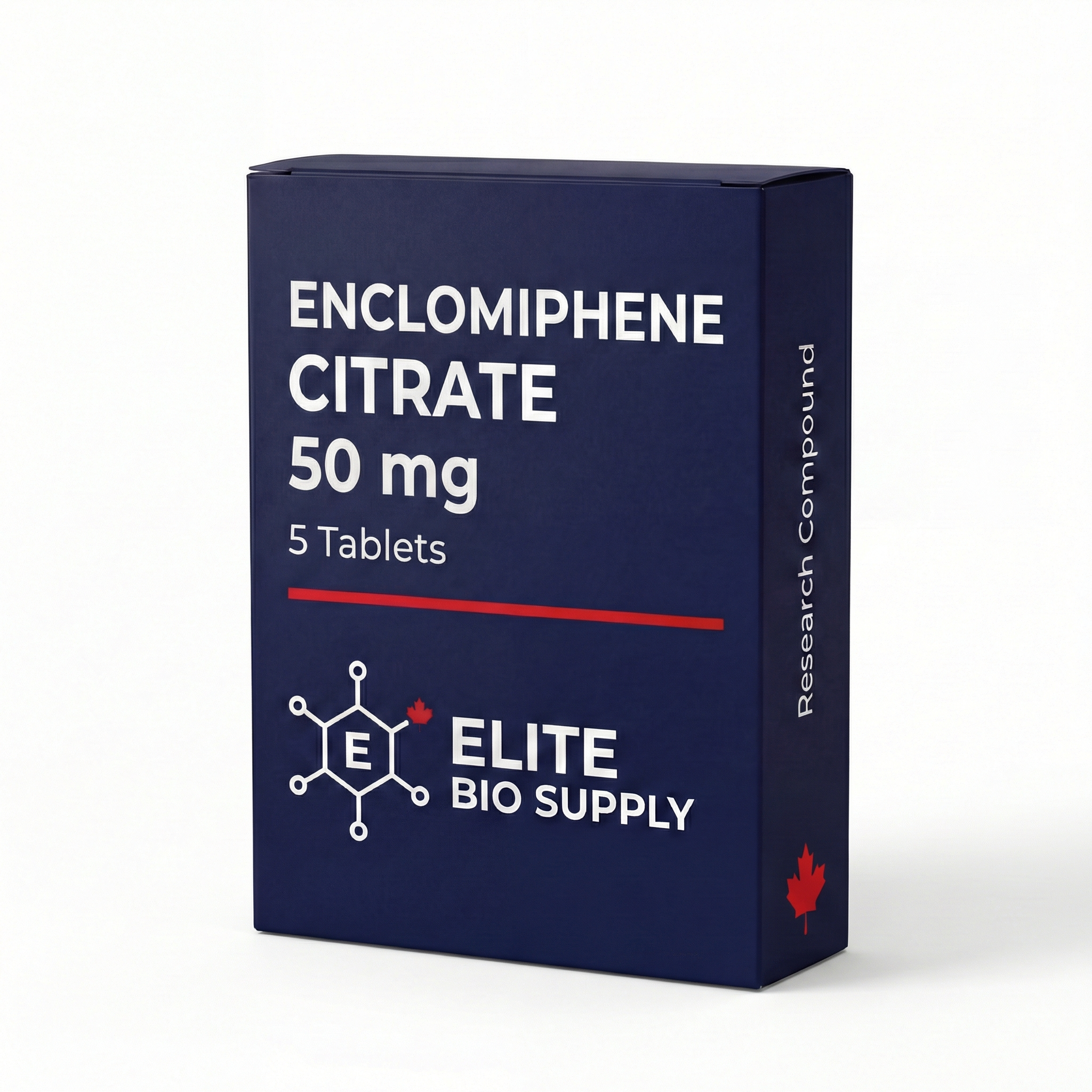 Elite Bio Supply Enclomiphene Citrate 50mg packaging box with molecular hexagon logo and Canadian maple leaf